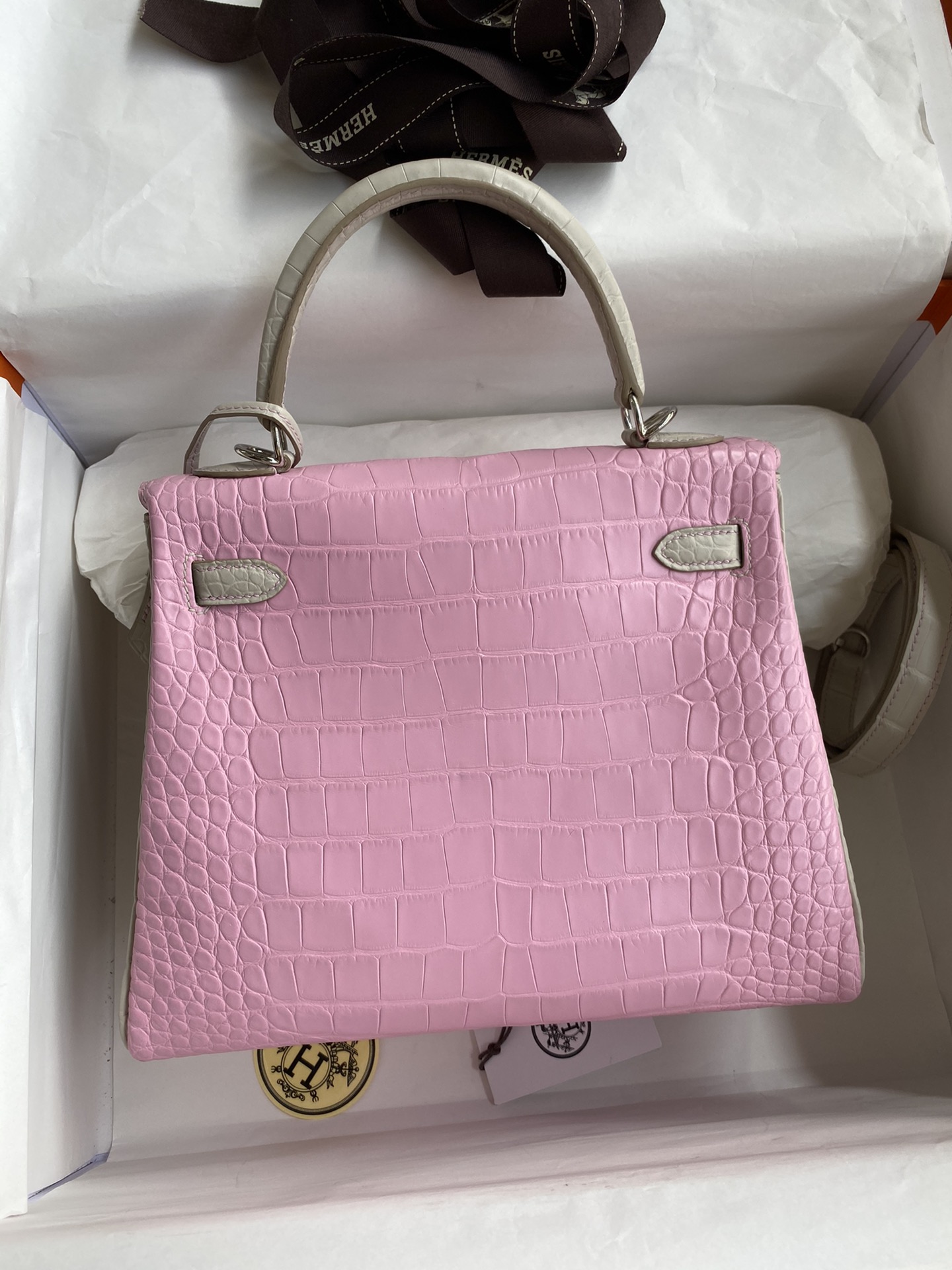 Hermes Kelly 25cm Handbag Shoulder Bag In Pink Pearl Grey Crocodile Niloticus Leather